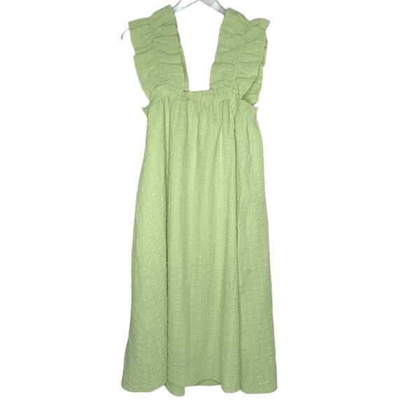 THML M Ruffle Smocked Babydoll Lime Green Seersucker Textured Dress Midi - Picture 2 of 8